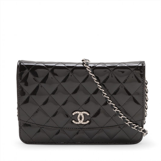 Best Chanel CC Logo Matelasse Patent Leather Chain Wallet Black