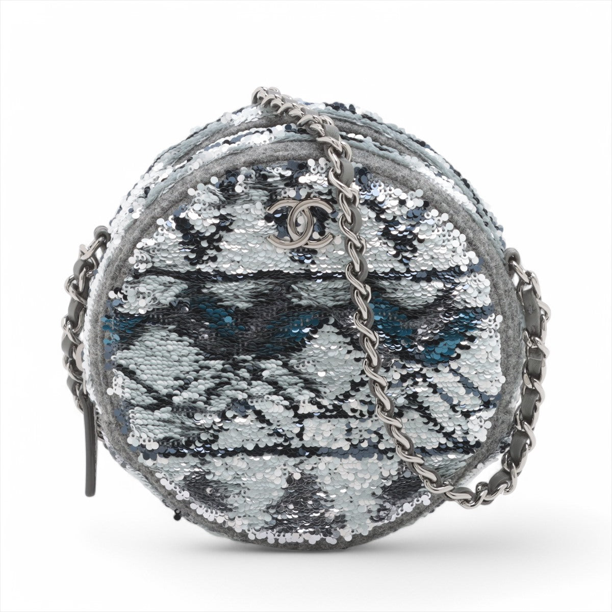 Chanel CC Logo Sequins x Wool Chain Round Shoulder Bag Gray * PREORDER *