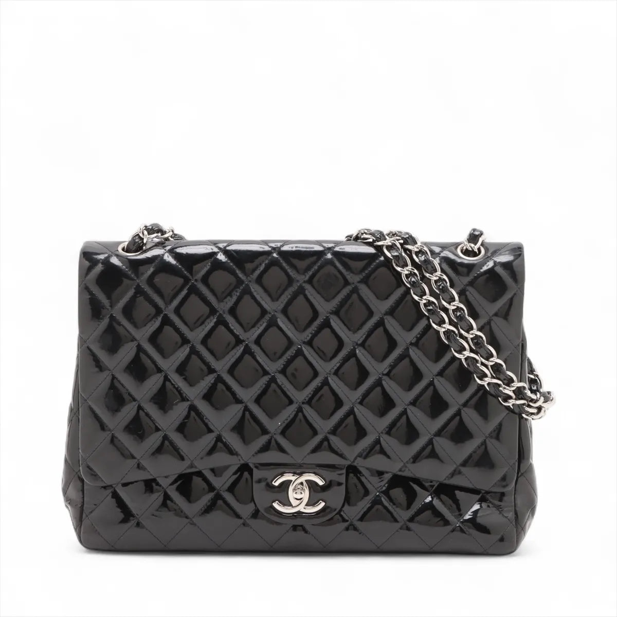 Chanel CC Logo Dekamatrasse 34 Maxi Patent Leather Double Flap Double Chain Bag Black * PREORDER *