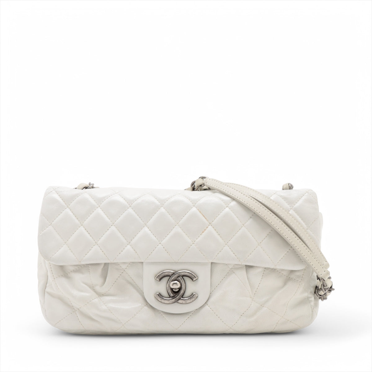 Best Chanel CC Logo Matelasse Lambskin Single Flap Double Chain Bag White