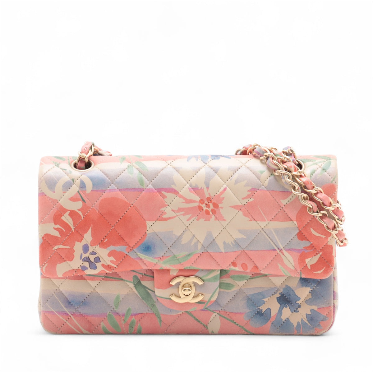 Chanel CC Logo Multicolor Watercolor Floral Matelasse Lambskin Double Flap Double Chain Bag Pink * PREORDER *