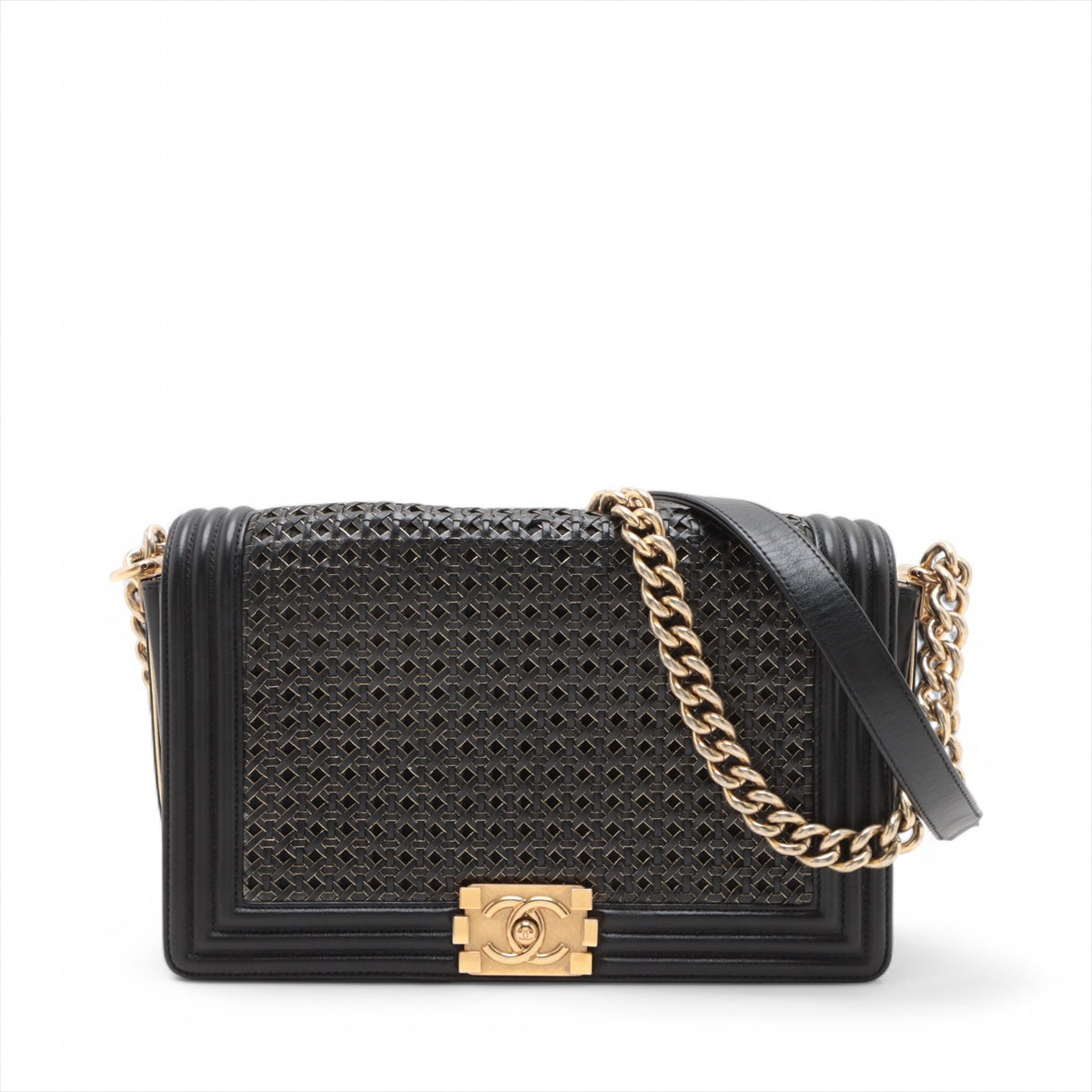 Chanel Boy 28 Limited Edition Woven Reverso Lambskin Chain Shoulder Bag Black Large * PREORDER *