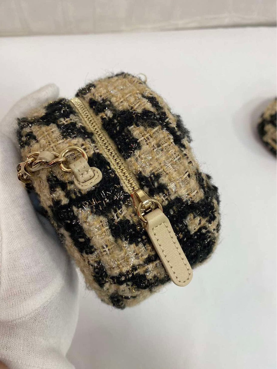 Chanel CC Logo Round Shearling Chain Shoulder Bag Beige x Black