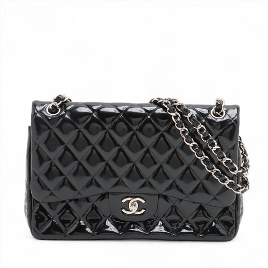 Best Chanel CC Logo Dekamatrasse 30 Large Patent Leather Double Flap Double Chain Bag Black
