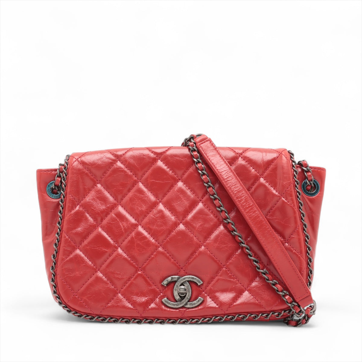Best Chanel Vintage CC Logo Matelasse Calf Chain Around Shoulder Bag Red 