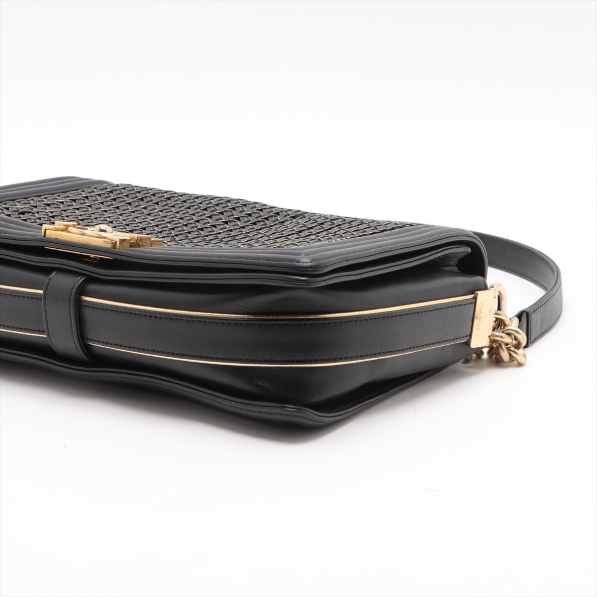 Chanel Boy 28 Limited Edition Woven Reverso Lambskin Chain Shoulder Bag Black Large * PREORDER *