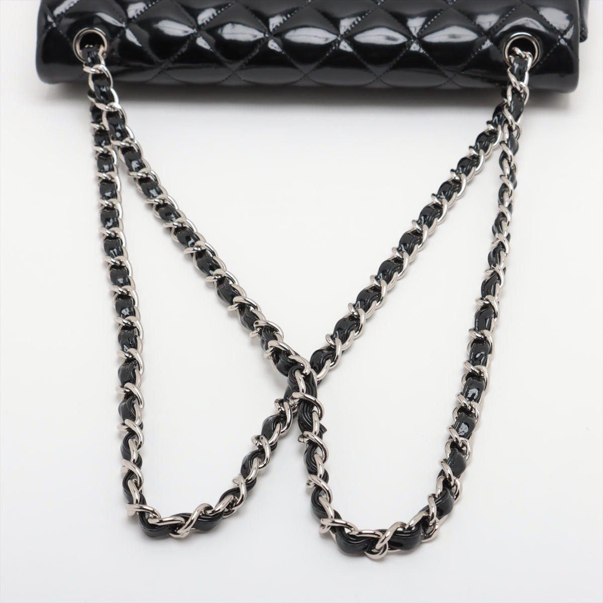Top Chanel CC Logo Dekamatrasse 30 Large Patent Leather Double Flap Double Chain Bag Black
