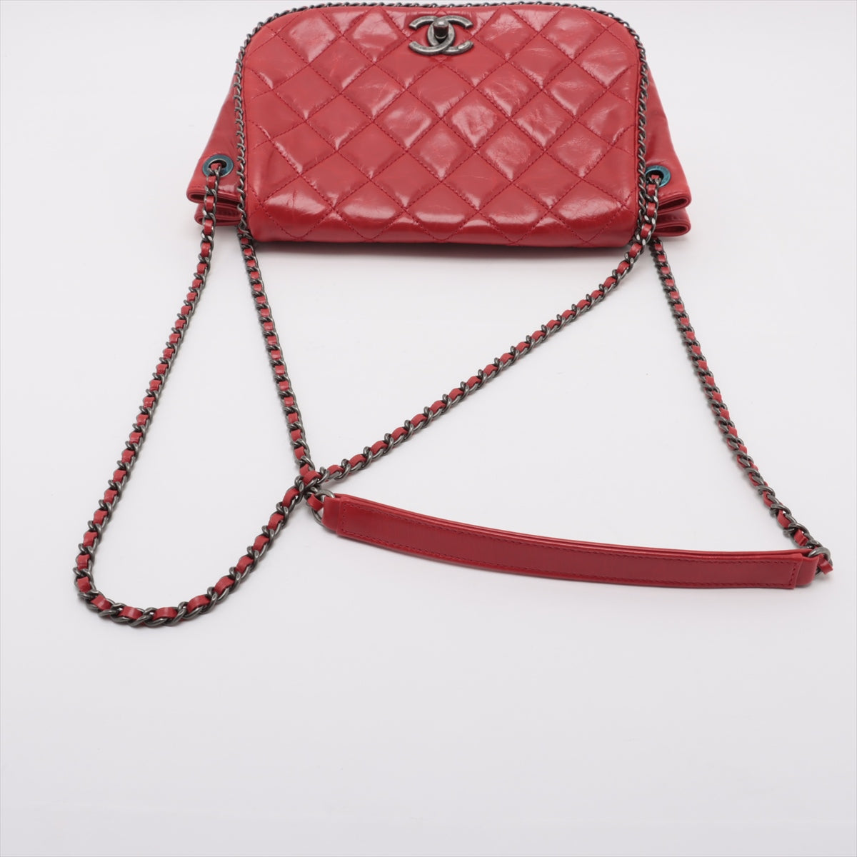 Top Chanel Vintage CC Logo Matelasse Calf Chain Around Shoulder Bag Red 