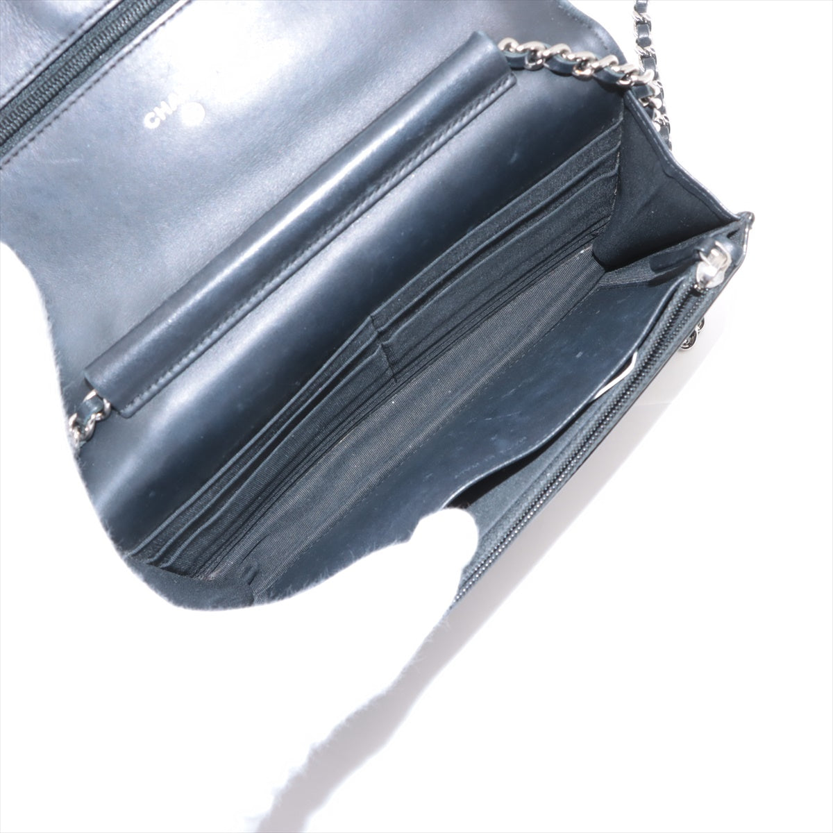 Branded Chanel CC Logo Matelasse Patent Leather Chain Wallet Black