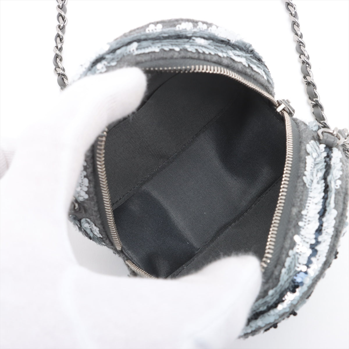 Chanel CC Logo Sequins x Wool Chain Round Shoulder Bag Gray * PREORDER *