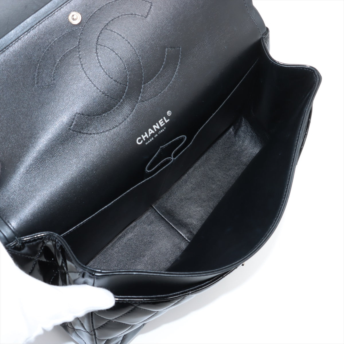 Top rated Chanel CC Logo Dekamatrasse 30 Large Patent Leather Double Flap Double Chain Bag Black