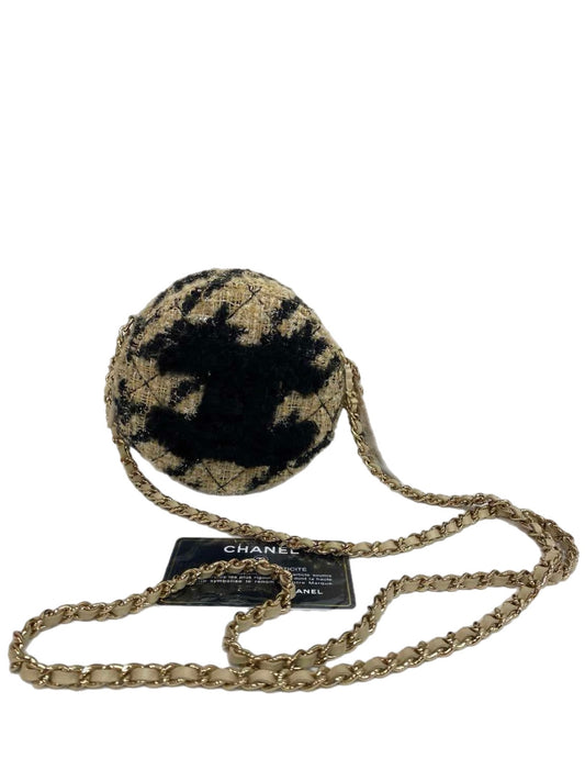 Chanel CC Logo Round Shearling Chain Shoulder Bag Beige x Black