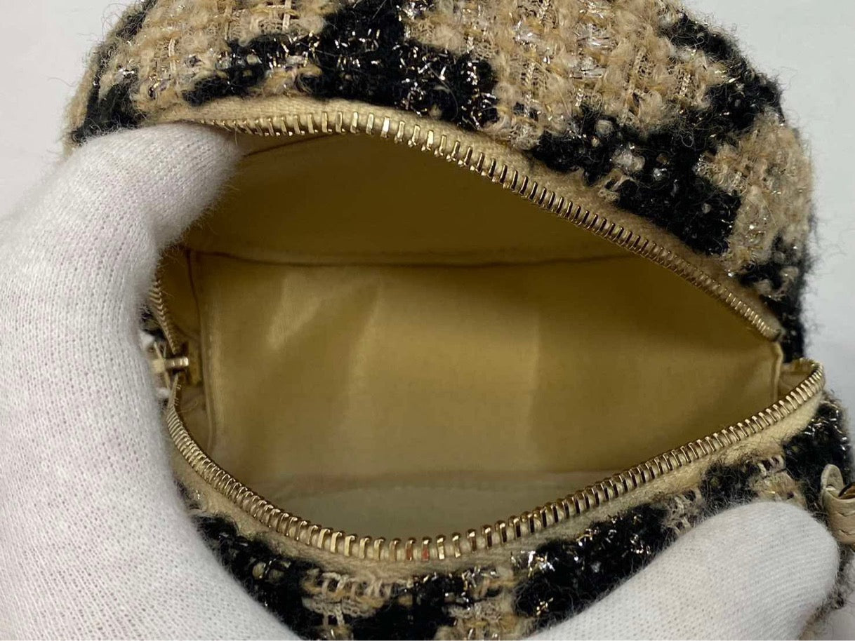 Chanel CC Logo Round Shearling Chain Shoulder Bag Beige x Black